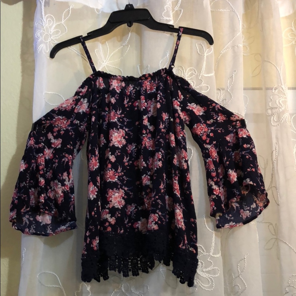 A Navy Blue Floral Off The Shoulder Top
